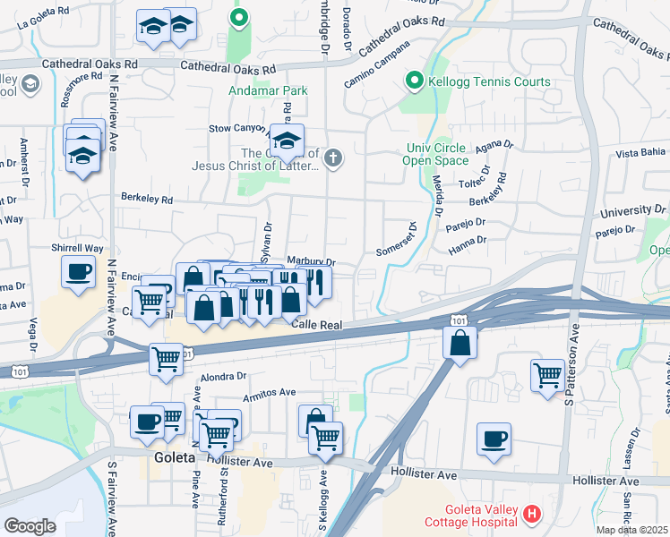 map of restaurants, bars, coffee shops, grocery stores, and more near 169 North Kellogg Avenue in Goleta