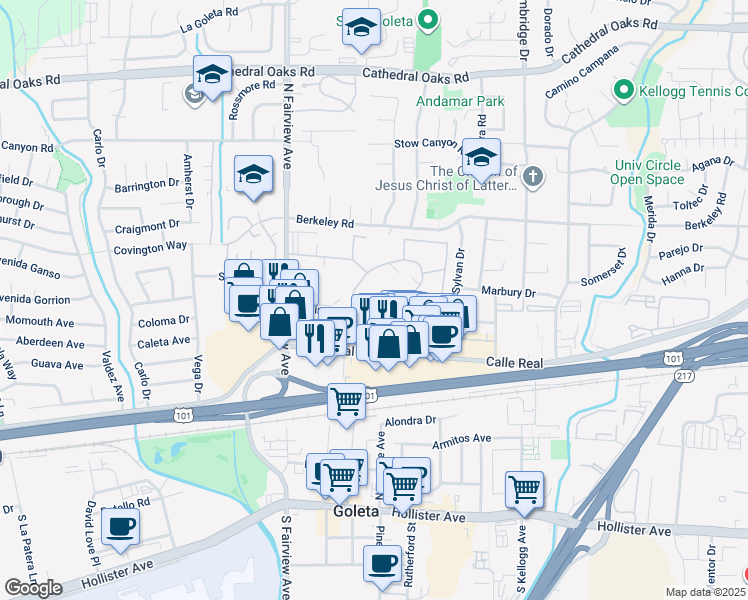 map of restaurants, bars, coffee shops, grocery stores, and more near 206 Moreton Bay Lane in Goleta