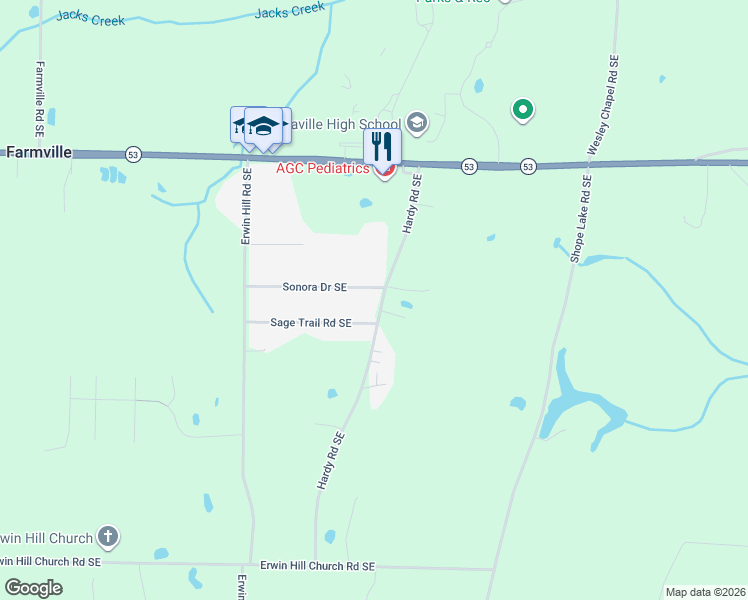 map of restaurants, bars, coffee shops, grocery stores, and more near 287 Bud Hardy Road Southeast in Calhoun
