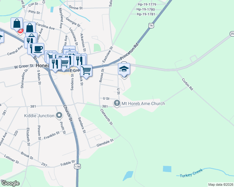 map of restaurants, bars, coffee shops, grocery stores, and more near 110 U Street in Honea Path