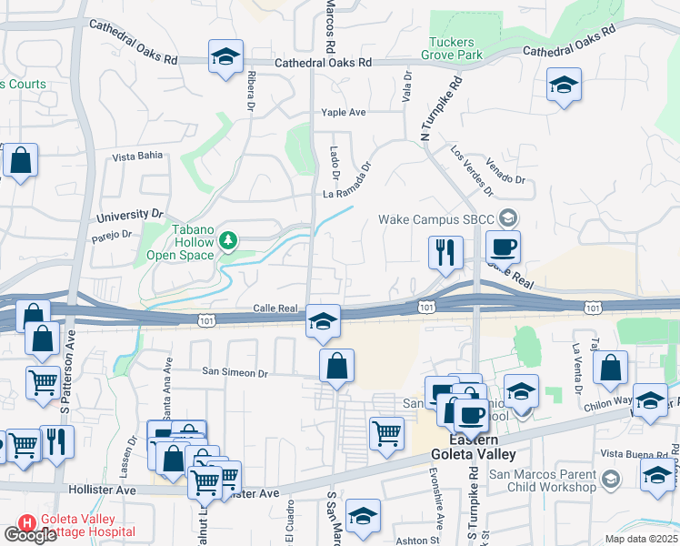 map of restaurants, bars, coffee shops, grocery stores, and more near 142 Hemlock Lane in Santa Barbara