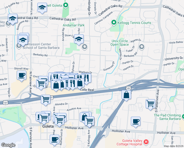 map of restaurants, bars, coffee shops, grocery stores, and more near 169 North Kellogg Avenue in Goleta