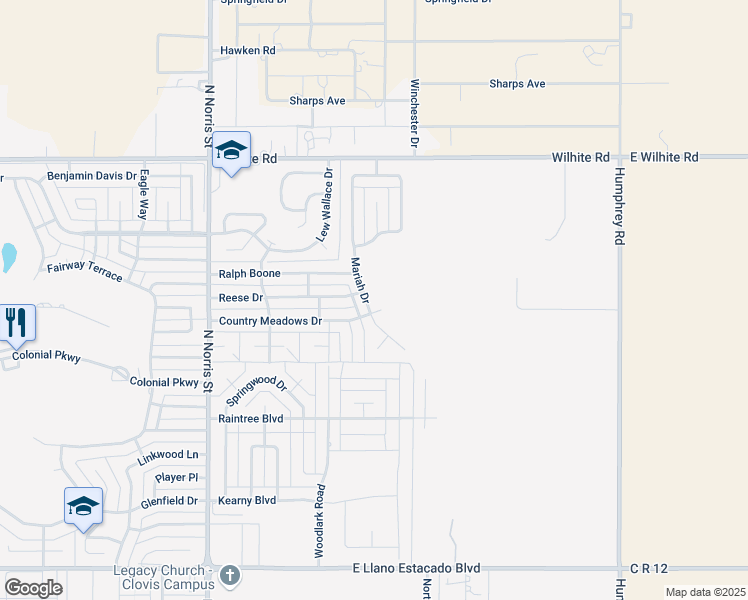 map of restaurants, bars, coffee shops, grocery stores, and more near 4005 Mariah Drive in Clovis