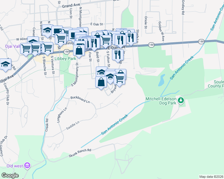 map of restaurants, bars, coffee shops, grocery stores, and more near 407 Bryant Circle in Ojai