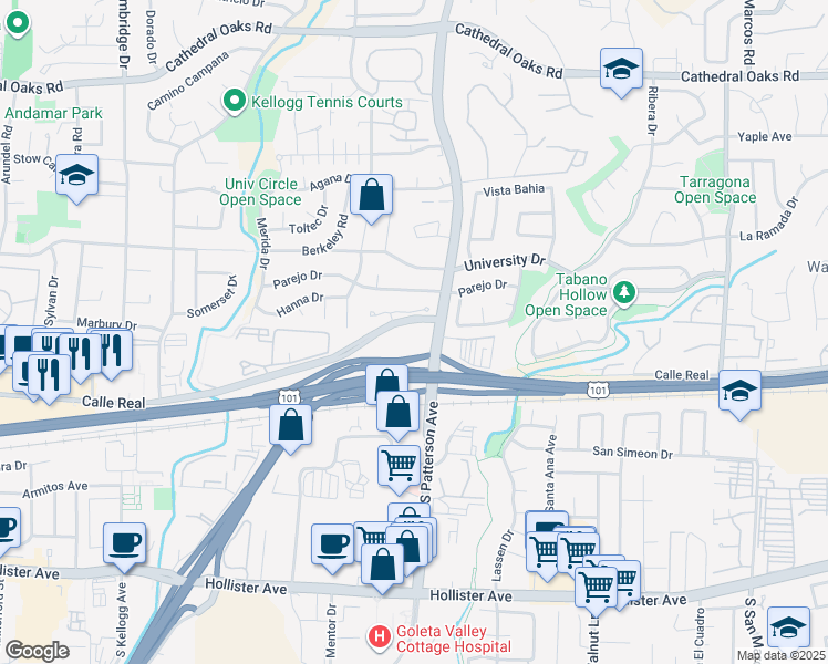 map of restaurants, bars, coffee shops, grocery stores, and more near 5317 Calle Real in Santa Barbara