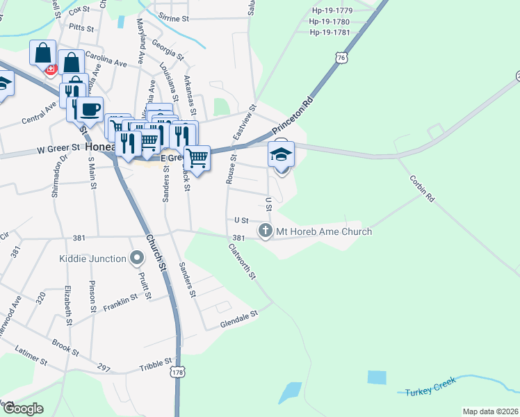 map of restaurants, bars, coffee shops, grocery stores, and more near 13 U Street in Honea Path