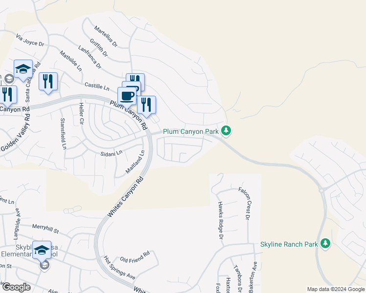 map of restaurants, bars, coffee shops, grocery stores, and more near 19154 Malabar Street in Santa Clarita