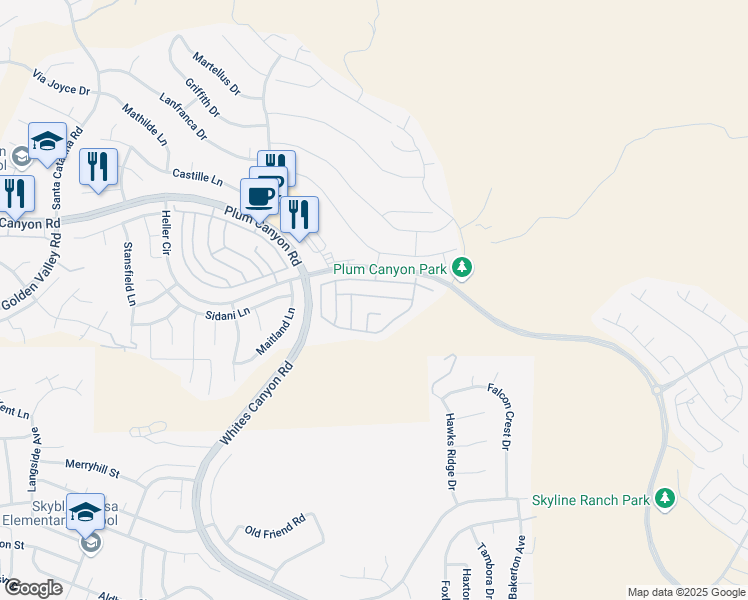 map of restaurants, bars, coffee shops, grocery stores, and more near 19154 Malabar Street in Santa Clarita