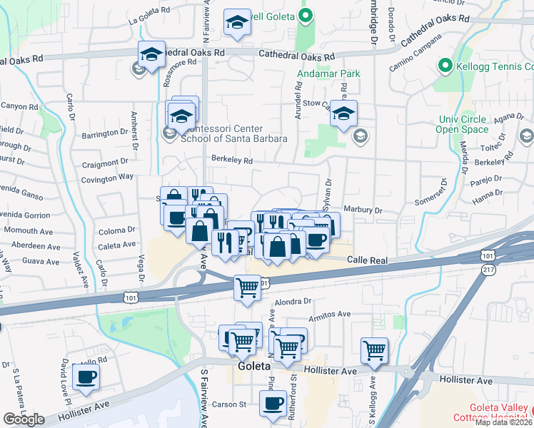 map of restaurants, bars, coffee shops, grocery stores, and more near 206 Moreton Bay Lane in Goleta