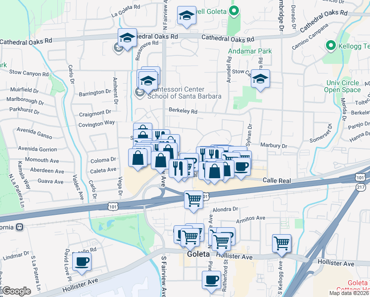 map of restaurants, bars, coffee shops, grocery stores, and more near 5900 Encina Road in Goleta