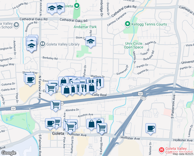map of restaurants, bars, coffee shops, grocery stores, and more near 172 Kingston Avenue in Goleta