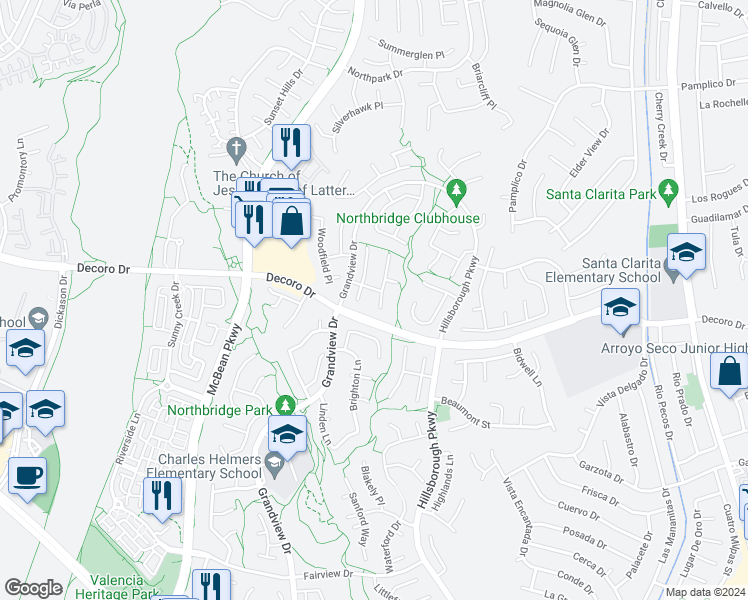 map of restaurants, bars, coffee shops, grocery stores, and more near 27517 Wellsley Way in Santa Clarita
