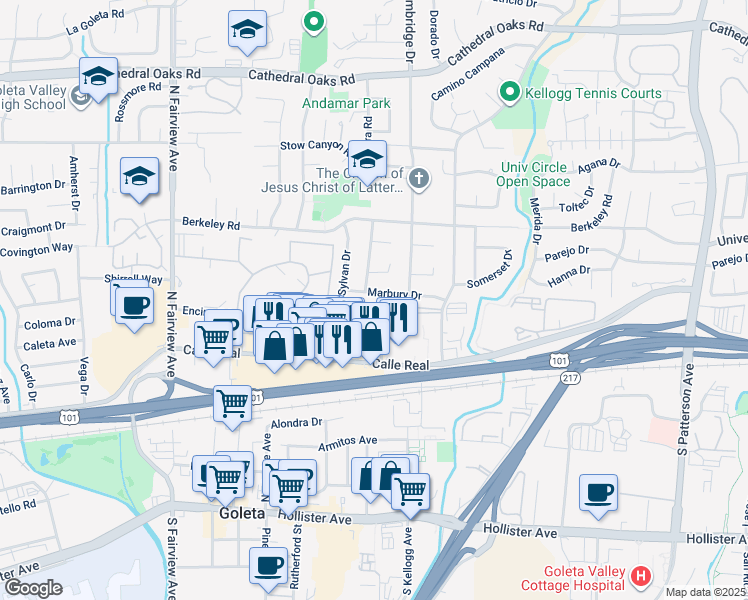 map of restaurants, bars, coffee shops, grocery stores, and more near 154 Kingston Avenue in Goleta