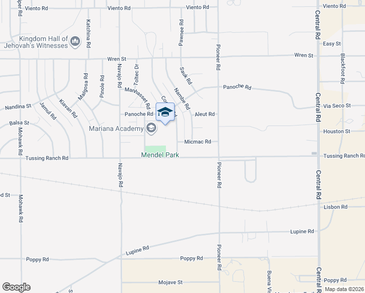 map of restaurants, bars, coffee shops, grocery stores, and more near 21962 Tussing Ranch Road in Apple Valley