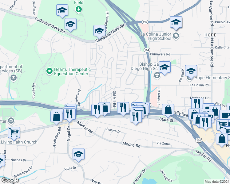 map of restaurants, bars, coffee shops, grocery stores, and more near 210 Old Mill Road in Goleta