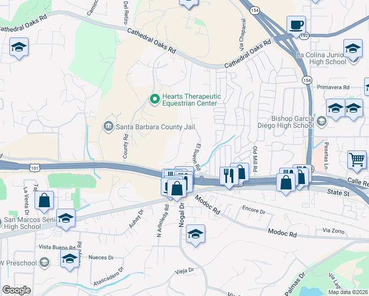 map of restaurants, bars, coffee shops, grocery stores, and more near 205 El Sueno Road in Santa Barbara