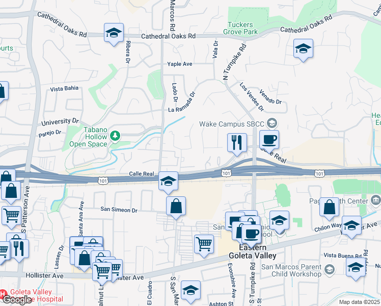 map of restaurants, bars, coffee shops, grocery stores, and more near 150 Pebble Hill Drive in Santa Barbara