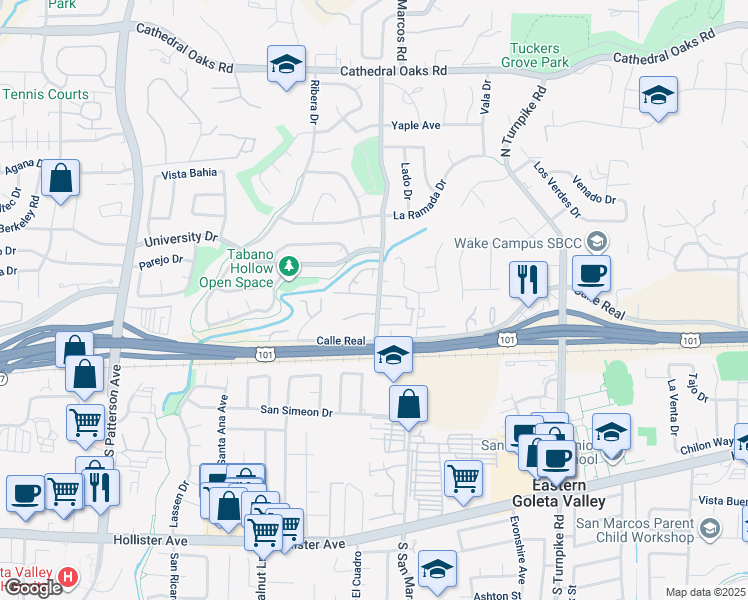 map of restaurants, bars, coffee shops, grocery stores, and more near 71 North San Marcos Road in Santa Barbara
