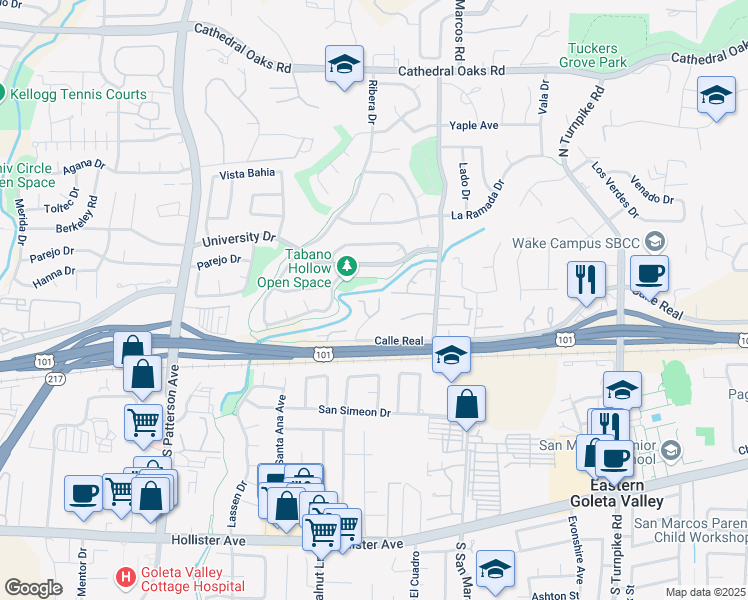 map of restaurants, bars, coffee shops, grocery stores, and more near 5090 Calle Real in Santa Barbara