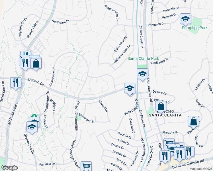 map of restaurants, bars, coffee shops, grocery stores, and more near 23235 Cuestport Drive in Santa Clarita