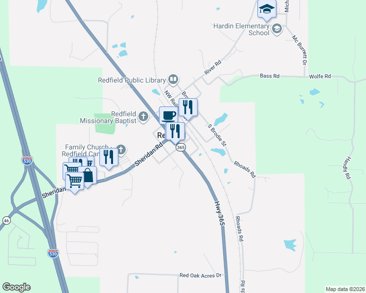 map of restaurants, bars, coffee shops, grocery stores, and more near 311 Lake Street in Redfield