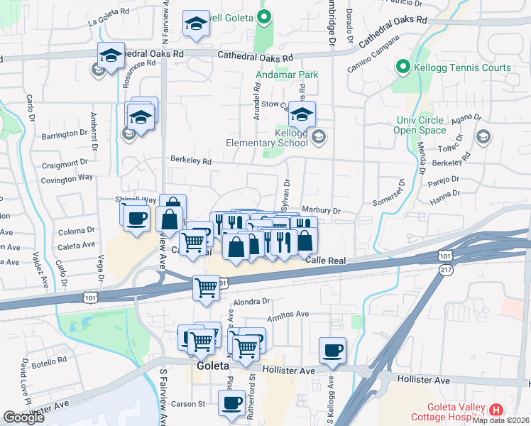 map of restaurants, bars, coffee shops, grocery stores, and more near 5730 Encina Road in Goleta