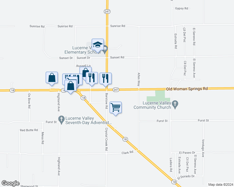 map of restaurants, bars, coffee shops, grocery stores, and more near 32961 Old Woman Springs Road in Lucerne Valley