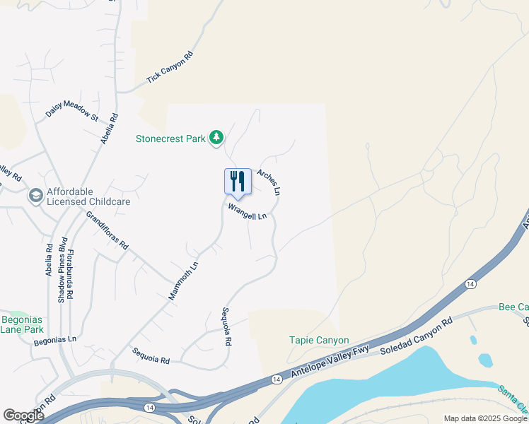 map of restaurants, bars, coffee shops, grocery stores, and more near 14221 Wrangell Lane in Santa Clarita