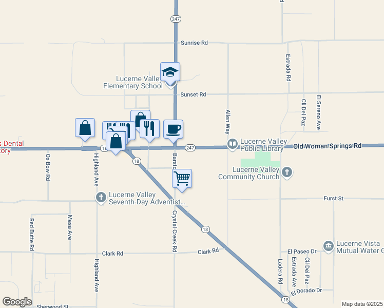 map of restaurants, bars, coffee shops, grocery stores, and more near 32961 Old Woman Springs Road in Lucerne Valley