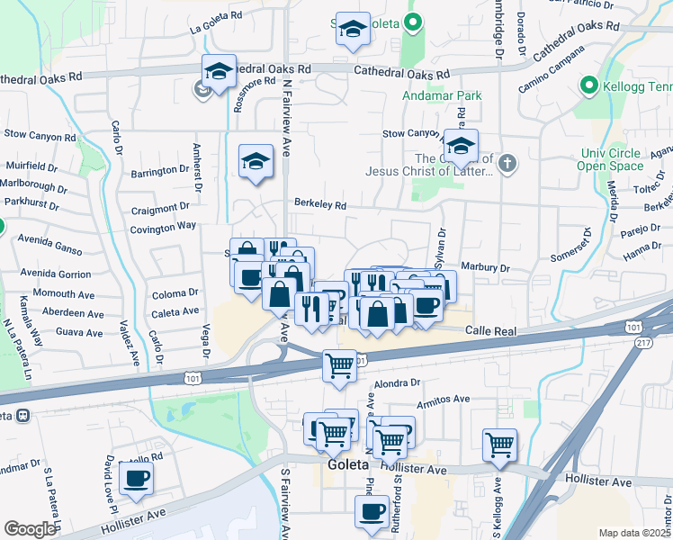 map of restaurants, bars, coffee shops, grocery stores, and more near 215 Moreton Bay Lane in Goleta