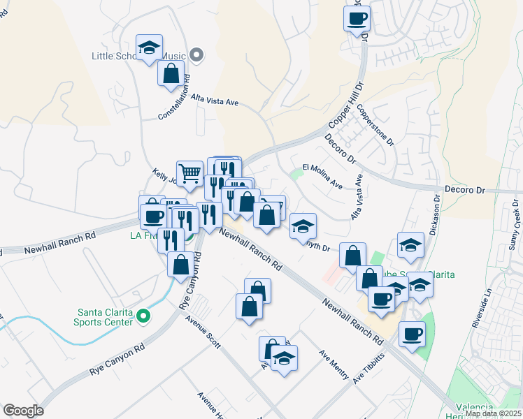 map of restaurants, bars, coffee shops, grocery stores, and more near 28053 Smyth Drive in Santa Clarita