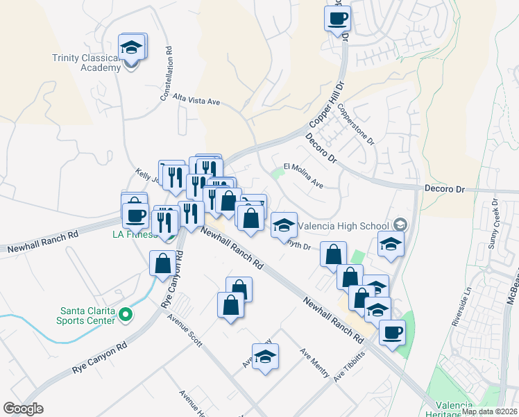 map of restaurants, bars, coffee shops, grocery stores, and more near 24382 Cavalini Place in Santa Clarita