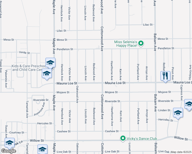 map of restaurants, bars, coffee shops, grocery stores, and more near 10611 Redwood Avenue in Hesperia