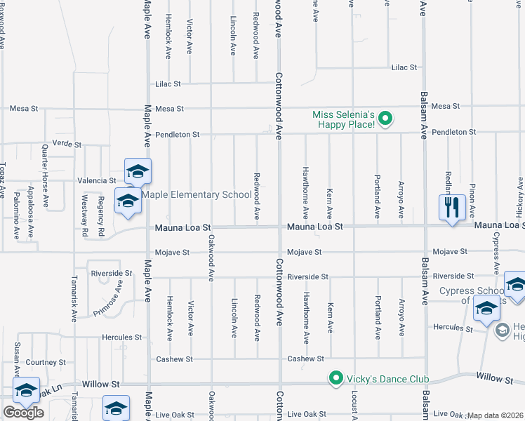 map of restaurants, bars, coffee shops, grocery stores, and more near 10611 Redwood Avenue in Hesperia