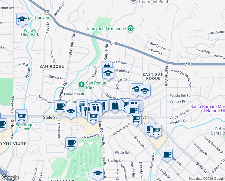 map of restaurants, bars, coffee shops, grocery stores, and more near 3218 Calle Rosales in Santa Barbara