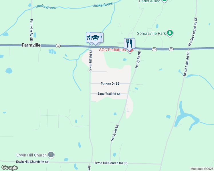 map of restaurants, bars, coffee shops, grocery stores, and more near 161 Sonora Drive Southeast in Calhoun