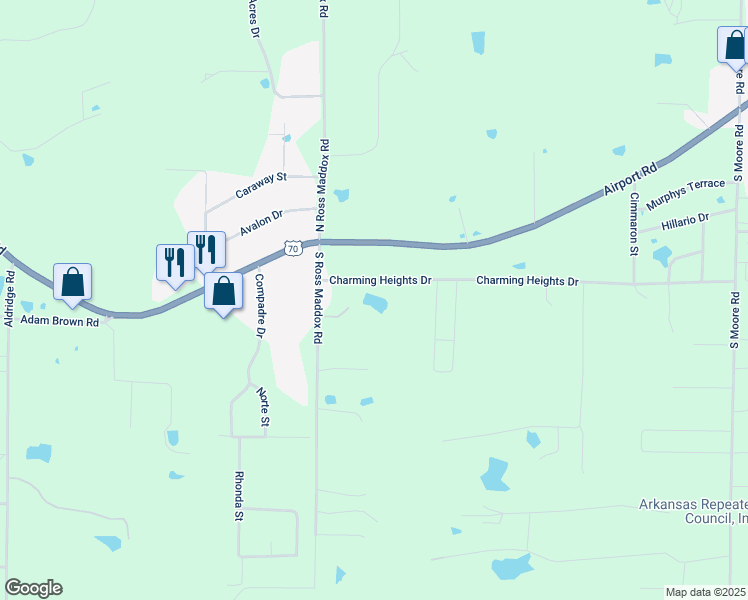 map of restaurants, bars, coffee shops, grocery stores, and more near 511 Charming Heights Drive in Garland County
