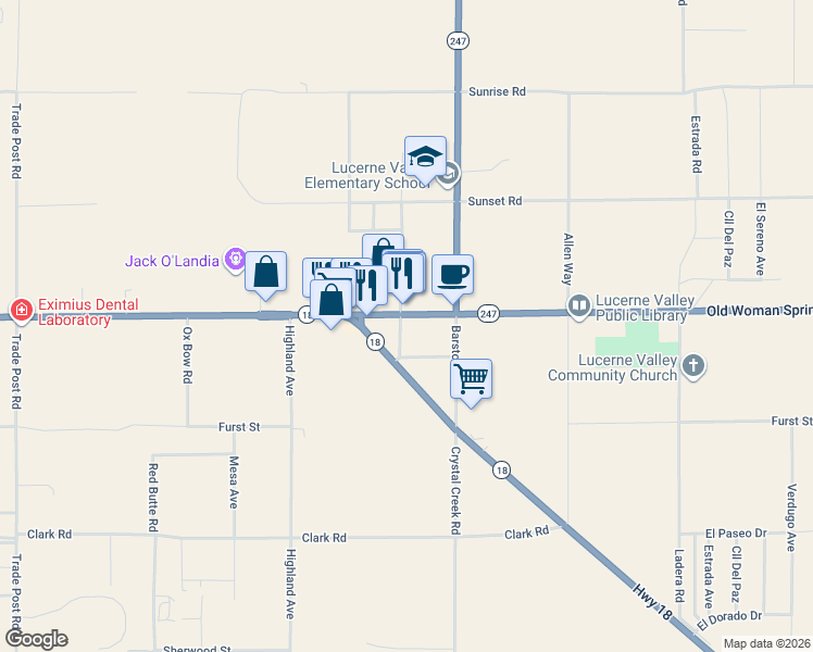 map of restaurants, bars, coffee shops, grocery stores, and more near 0 Old Woman Springs Road in Yucca Valley