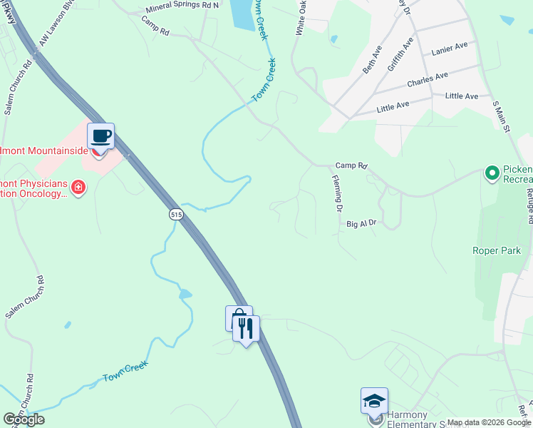 map of restaurants, bars, coffee shops, grocery stores, and more near 299 Town Creek Trail in Jasper