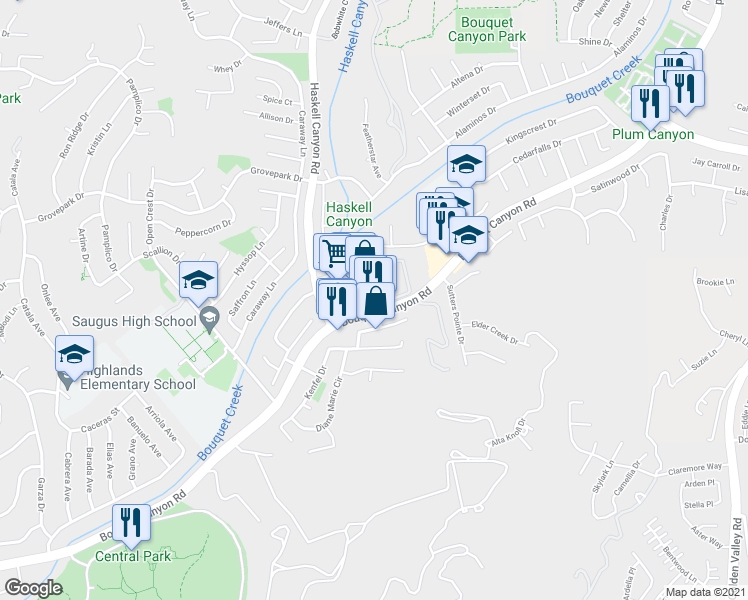map of restaurants, bars, coffee shops, grocery stores, and more near Susan Beth Way in Santa Clarita