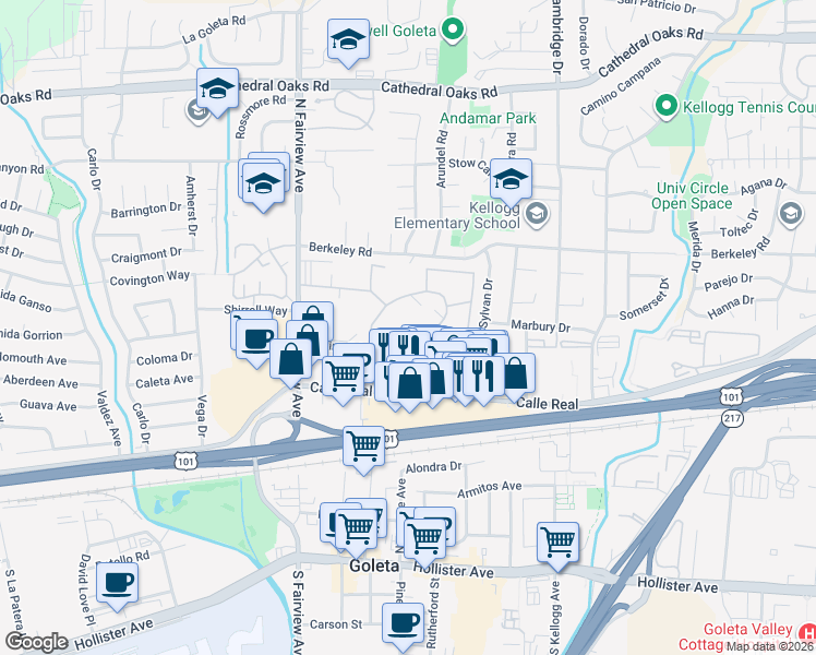 map of restaurants, bars, coffee shops, grocery stores, and more near 5788 Encina Road in Goleta