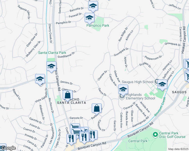 map of restaurants, bars, coffee shops, grocery stores, and more near 27412 Garza Drive in Santa Clarita