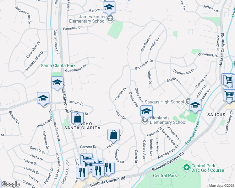 map of restaurants, bars, coffee shops, grocery stores, and more near 22339 Cheraw Drive in Santa Clarita