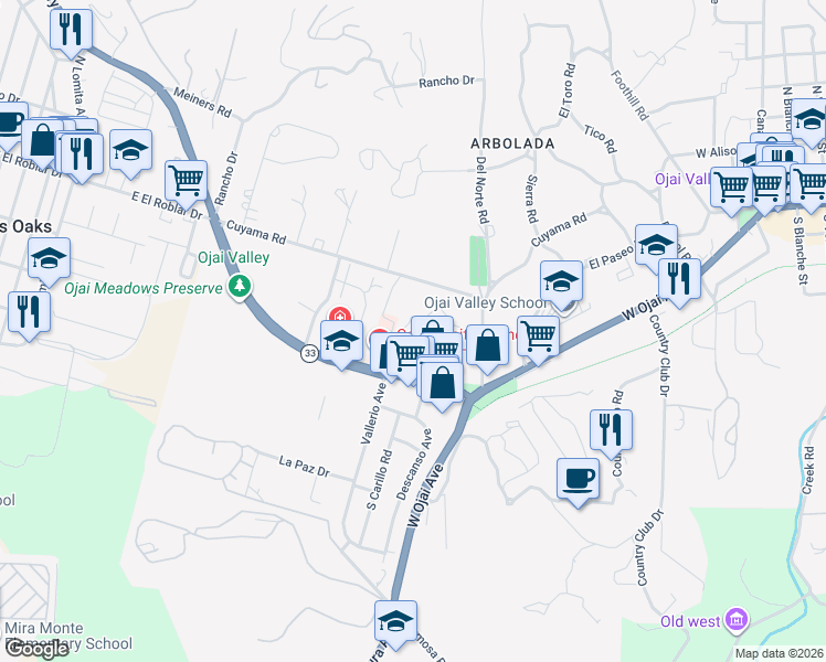 map of restaurants, bars, coffee shops, grocery stores, and more near in Ojai