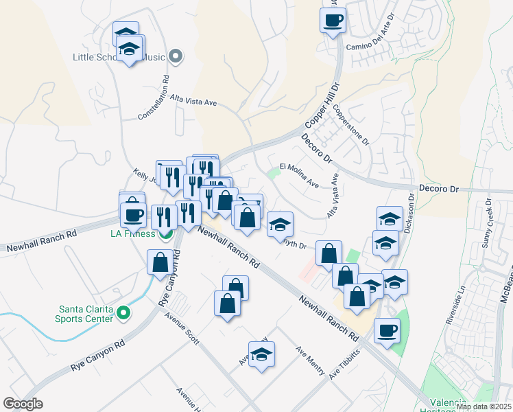map of restaurants, bars, coffee shops, grocery stores, and more near 24390 Cavalini Place in Santa Clarita