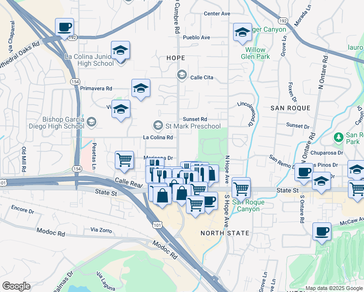 map of restaurants, bars, coffee shops, grocery stores, and more near 234 North La Cumbre Road in Santa Barbara