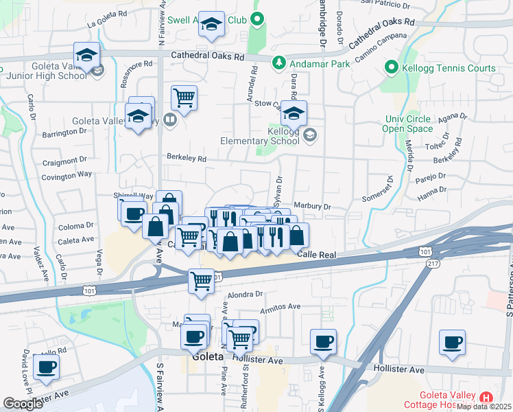 map of restaurants, bars, coffee shops, grocery stores, and more near 5730 Encina Road in Goleta