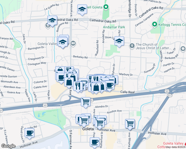 map of restaurants, bars, coffee shops, grocery stores, and more near 206 Moreton Bay Lane in Goleta