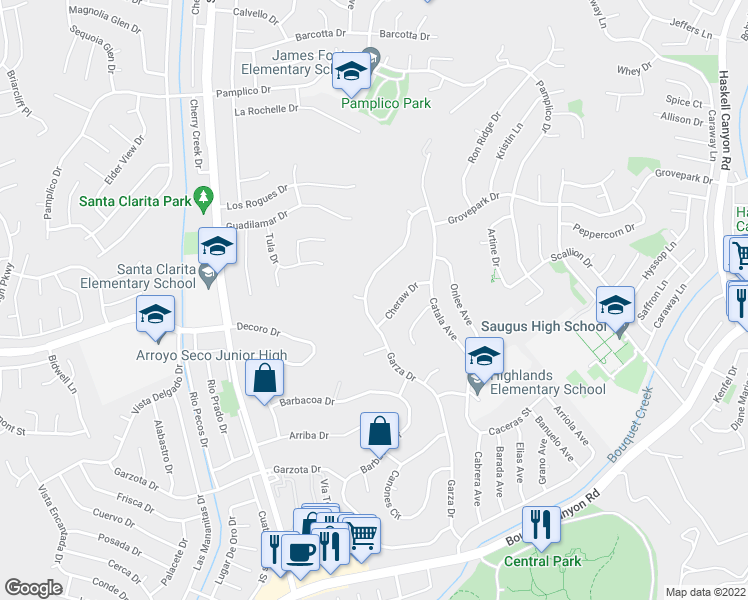 map of restaurants, bars, coffee shops, grocery stores, and more near 27412 Garza Drive in Santa Clarita