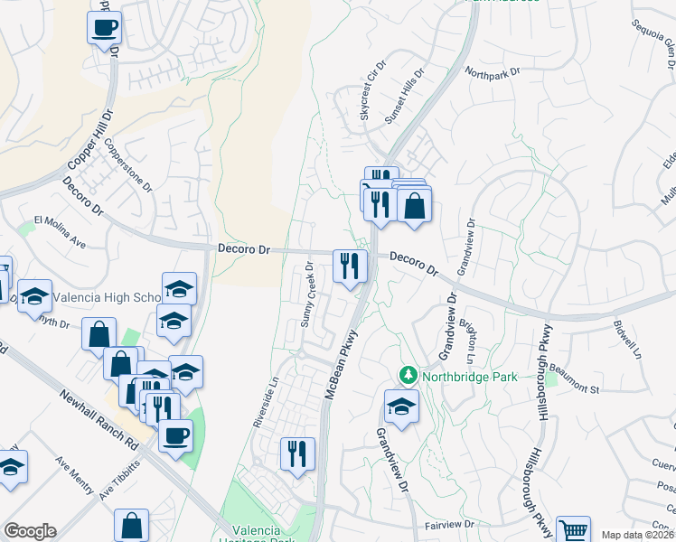 map of restaurants, bars, coffee shops, grocery stores, and more near 27649 North Weeping Willow Drive in Santa Clarita